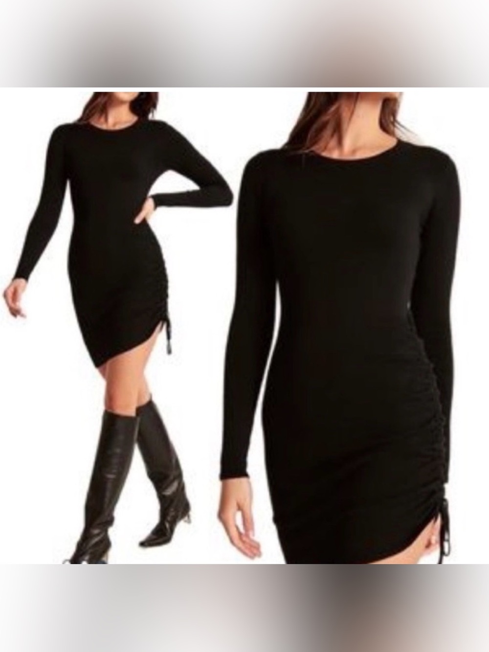 Abercrombie and Fitch Black Long-Sleeve Ruched Side Bodycon Sweater Dress